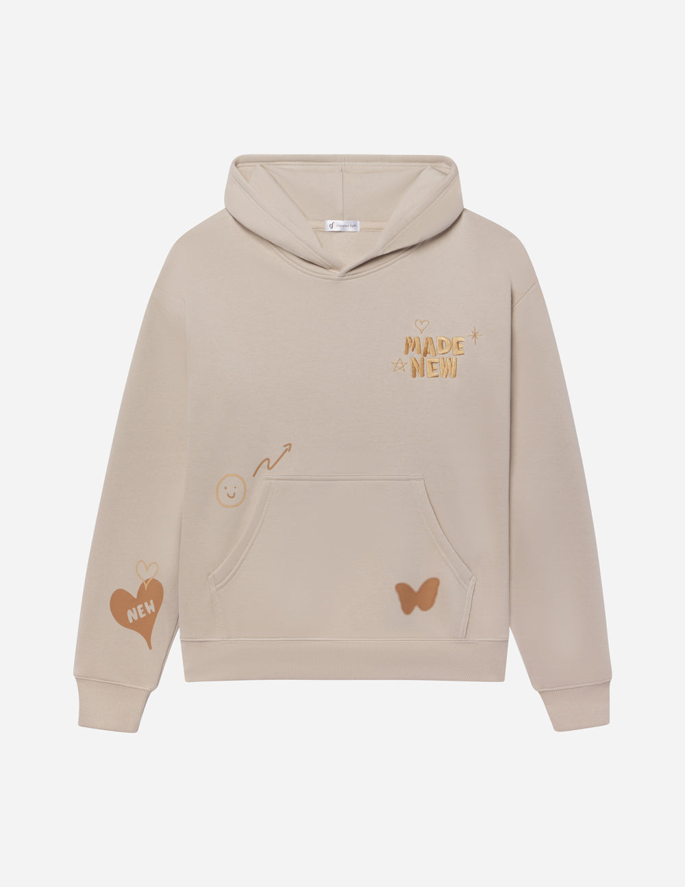 Elevated Faith Christian Hoodie in beige with playful graphics and a cozy fit for casual wear