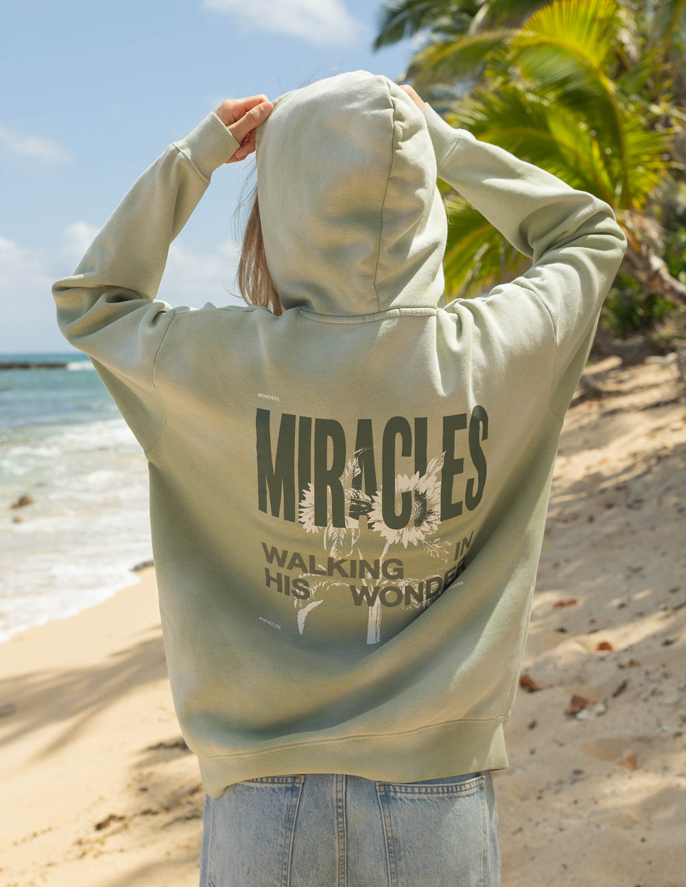 Elevated Faith Christian Hoodie in Green with 'Miracles Walking in His Wonder' Design on Back