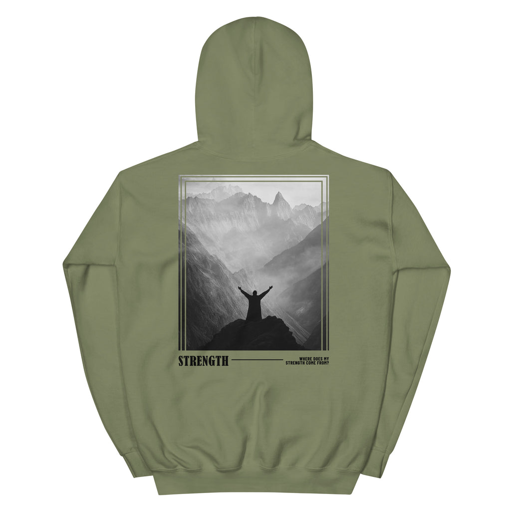 Green Christian Hoodie featuring a mountain view and the word Strength on the back