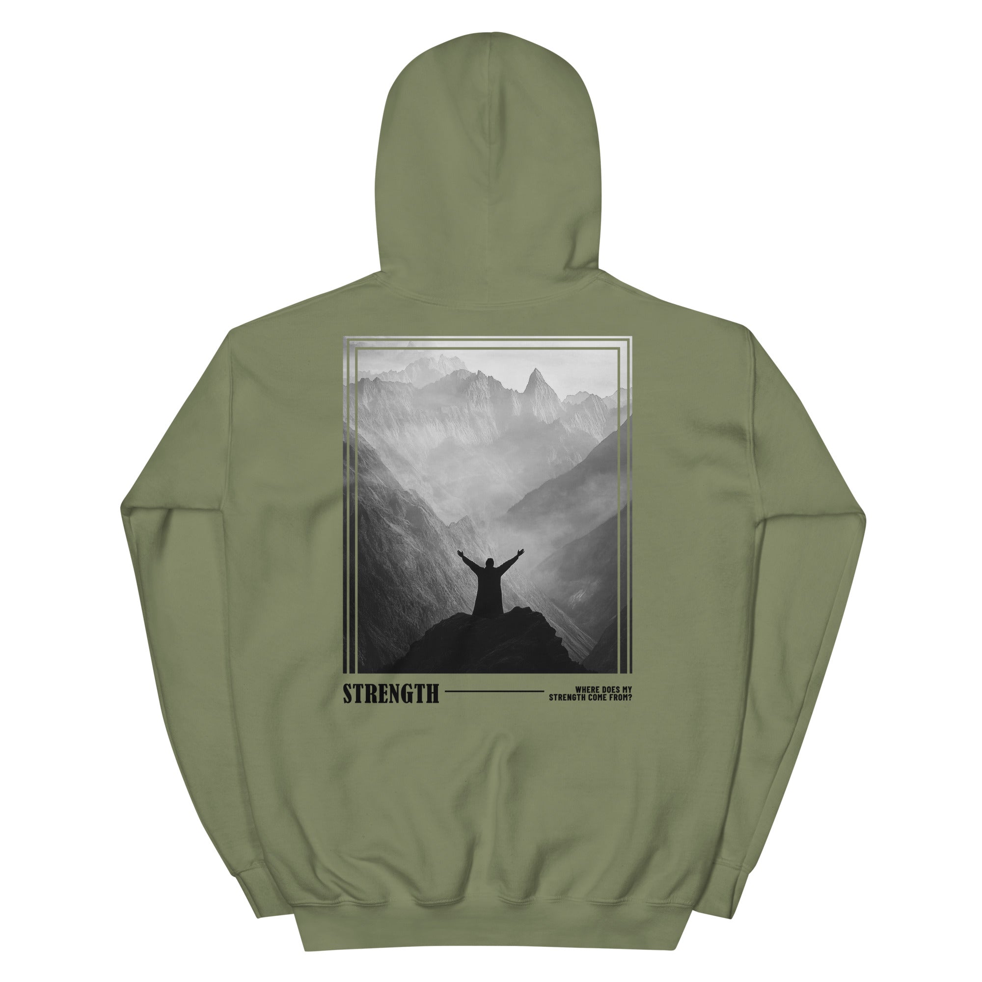 Green Christian Hoodie featuring a mountain view and the word Strength on the back