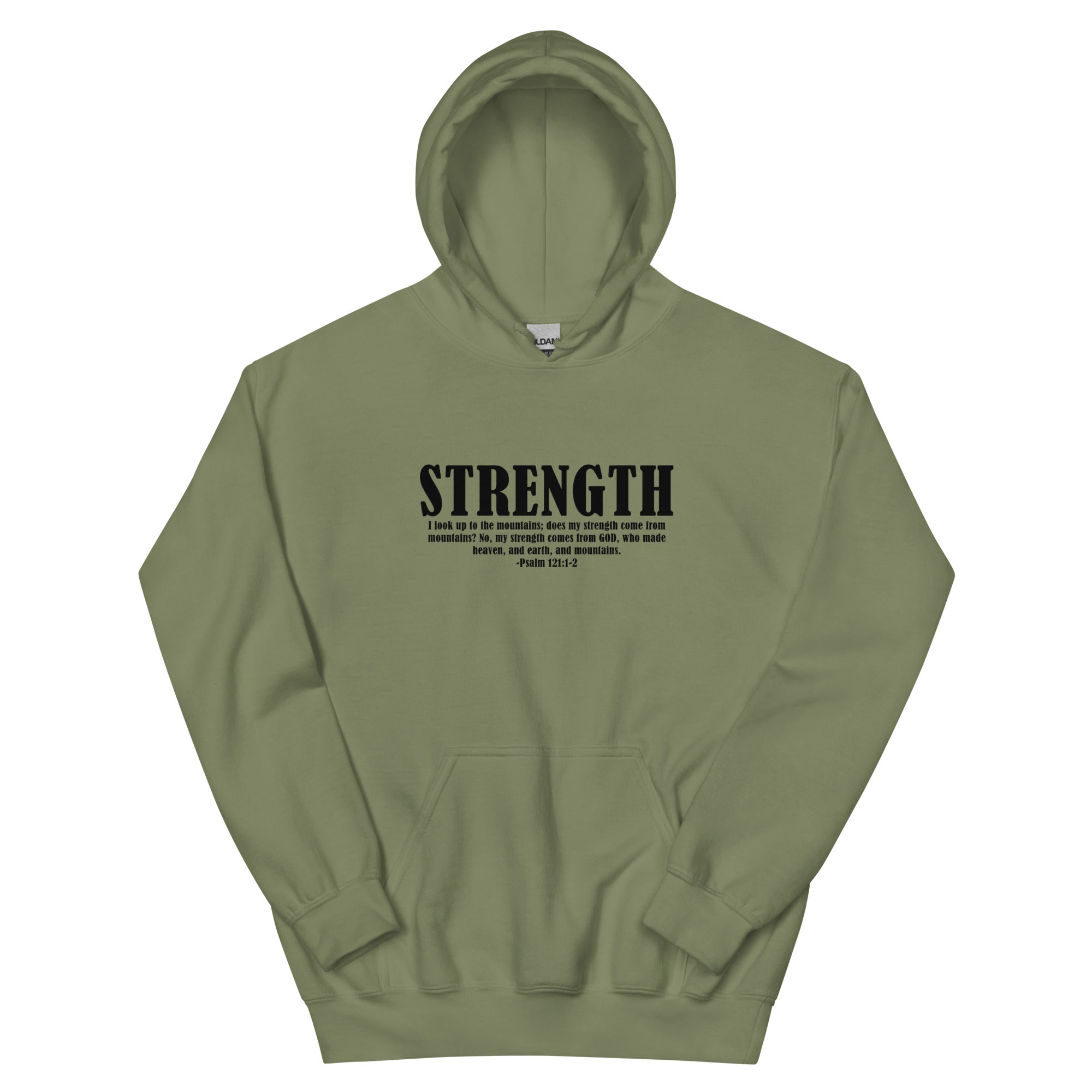 Olive green Christian Hoodie with the word 'STRENGTH' and scripture reference for inspiration