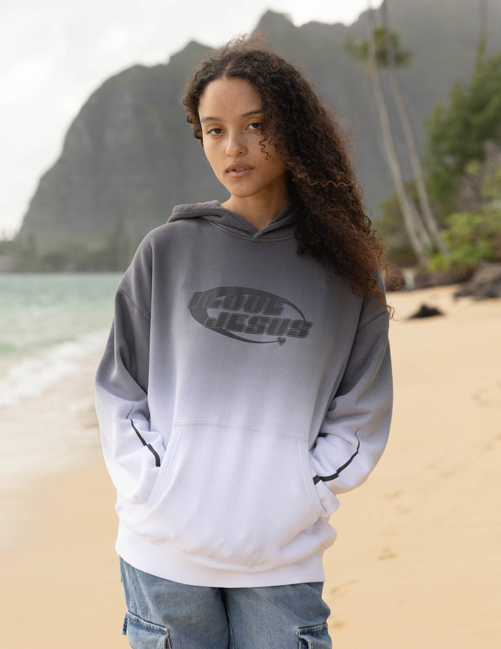 Elevated Faith Christian Hoodie in Gradient Gray to White for Casual and Beach Wear