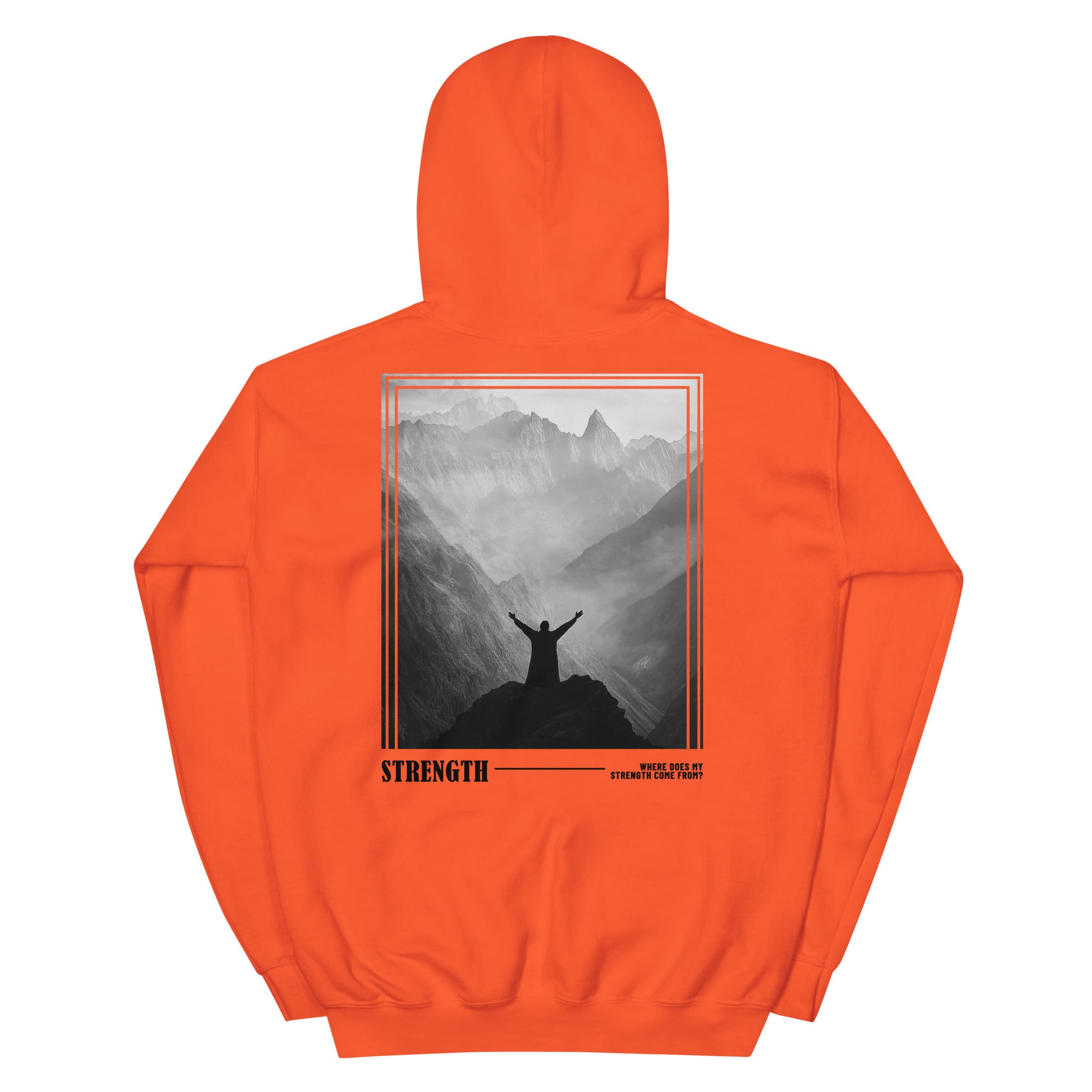 Orange Christian Hoodie featuring a mountain graphic and the word Strength on the back