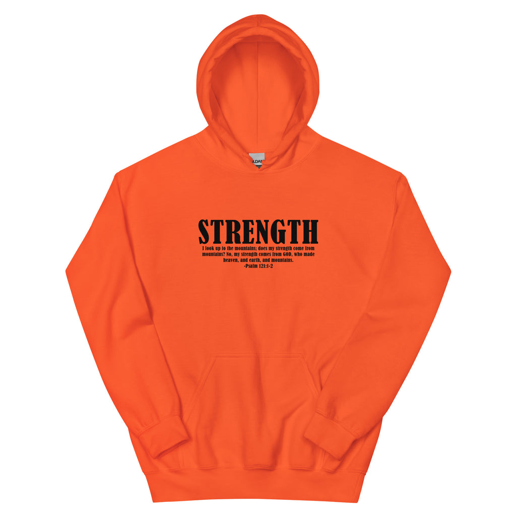 Orange Christian Hoodie featuring the word Strength and biblical verse for inspiration