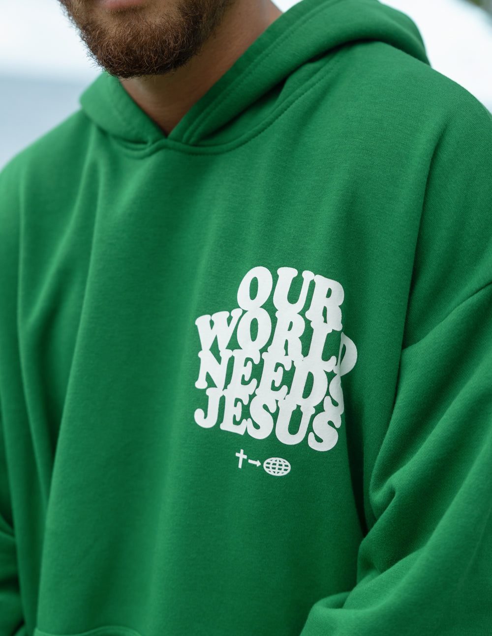 Green Christian Hoodie from Elevated Faith with 'Our World Needs Jesus' print on front