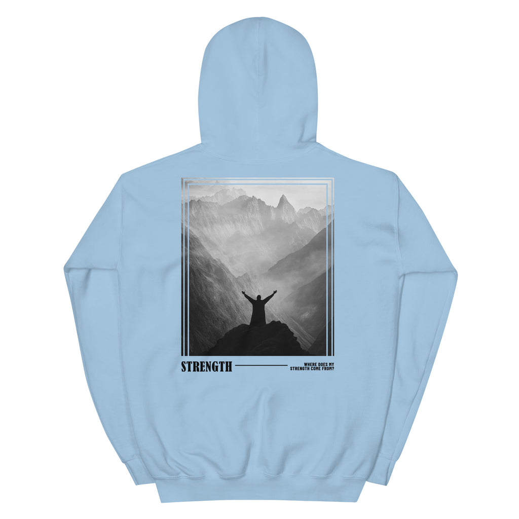 Light Blue Christian Hoodie featuring a mountain graphic and the word Strength