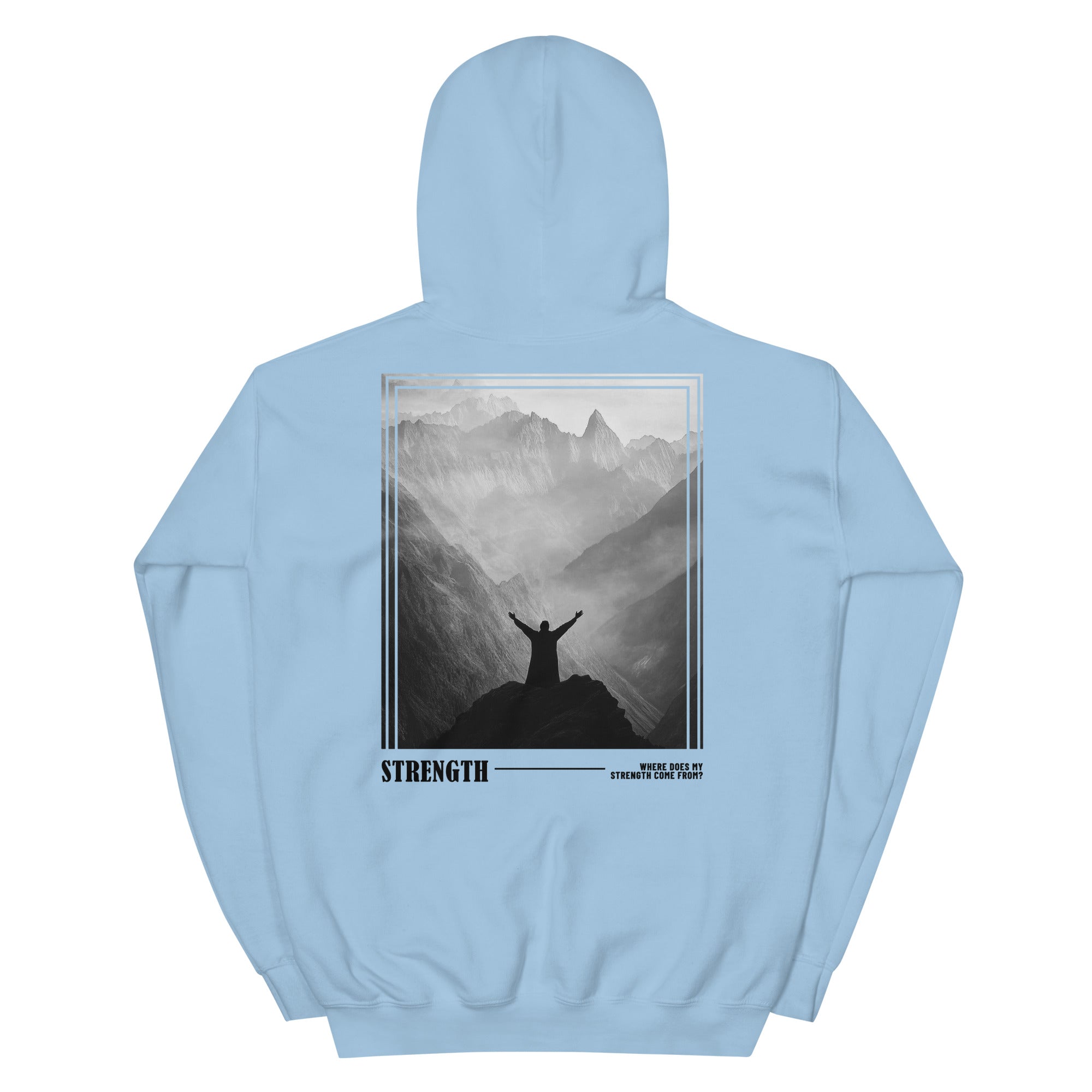 Light Blue Christian Hoodie featuring a mountain graphic and the word Strength