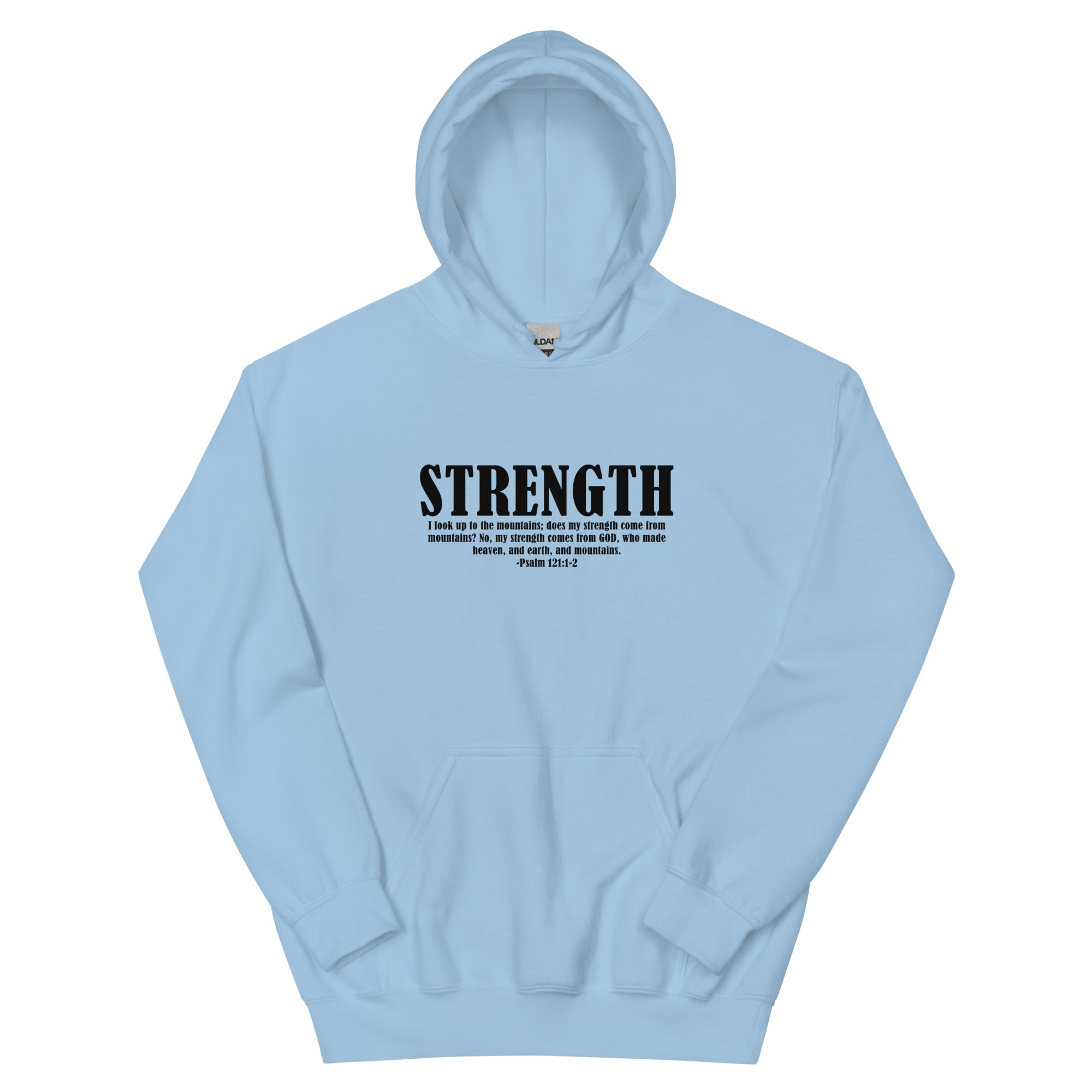 Light Blue Christian Hoodie featuring the word 'STRENGTH' with a Bible verse for inspiration
