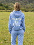 Elevated Faith Christian Hoodie in light blue with 'Peace Be Still' printed on the back
