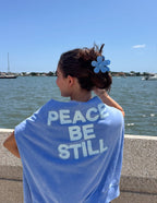 Light blue Elevated Faith Christian Hoodie featuring the phrase Peace Be Still on the back
