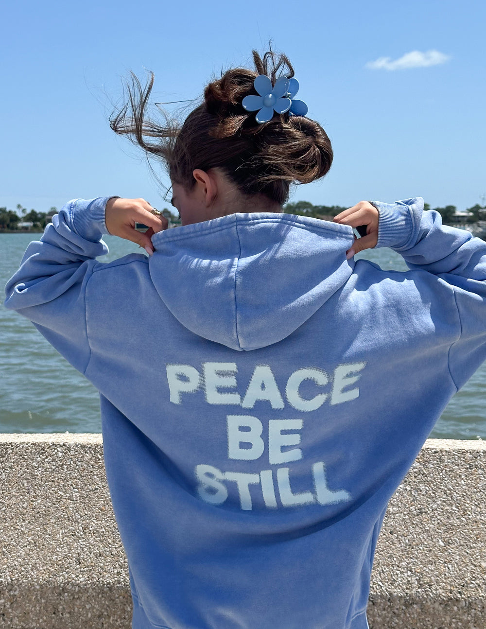 Elevated Faith Christian Hoodie in Blue with 'Peace Be Still' Text on the Back