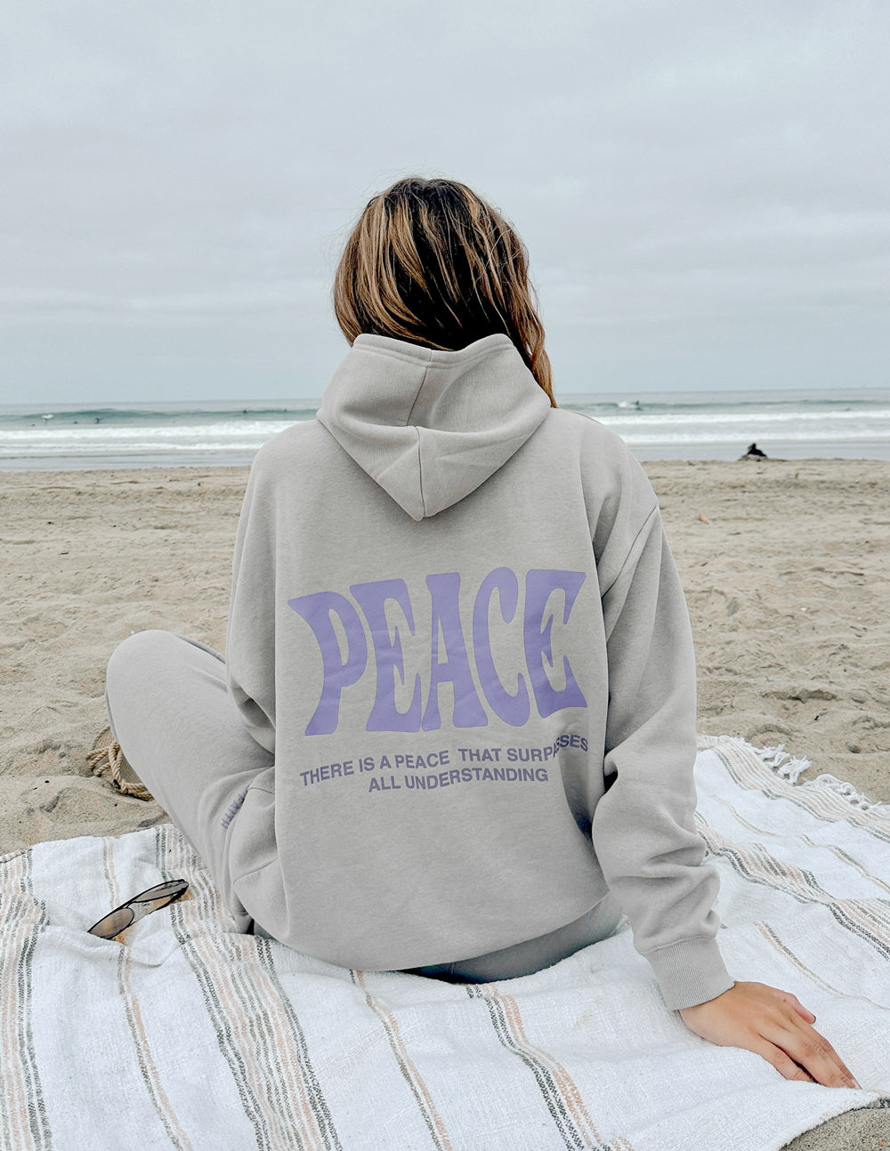 Elevated Faith Christian Hoodie in gray with a peace graphic, perfect for beach outings