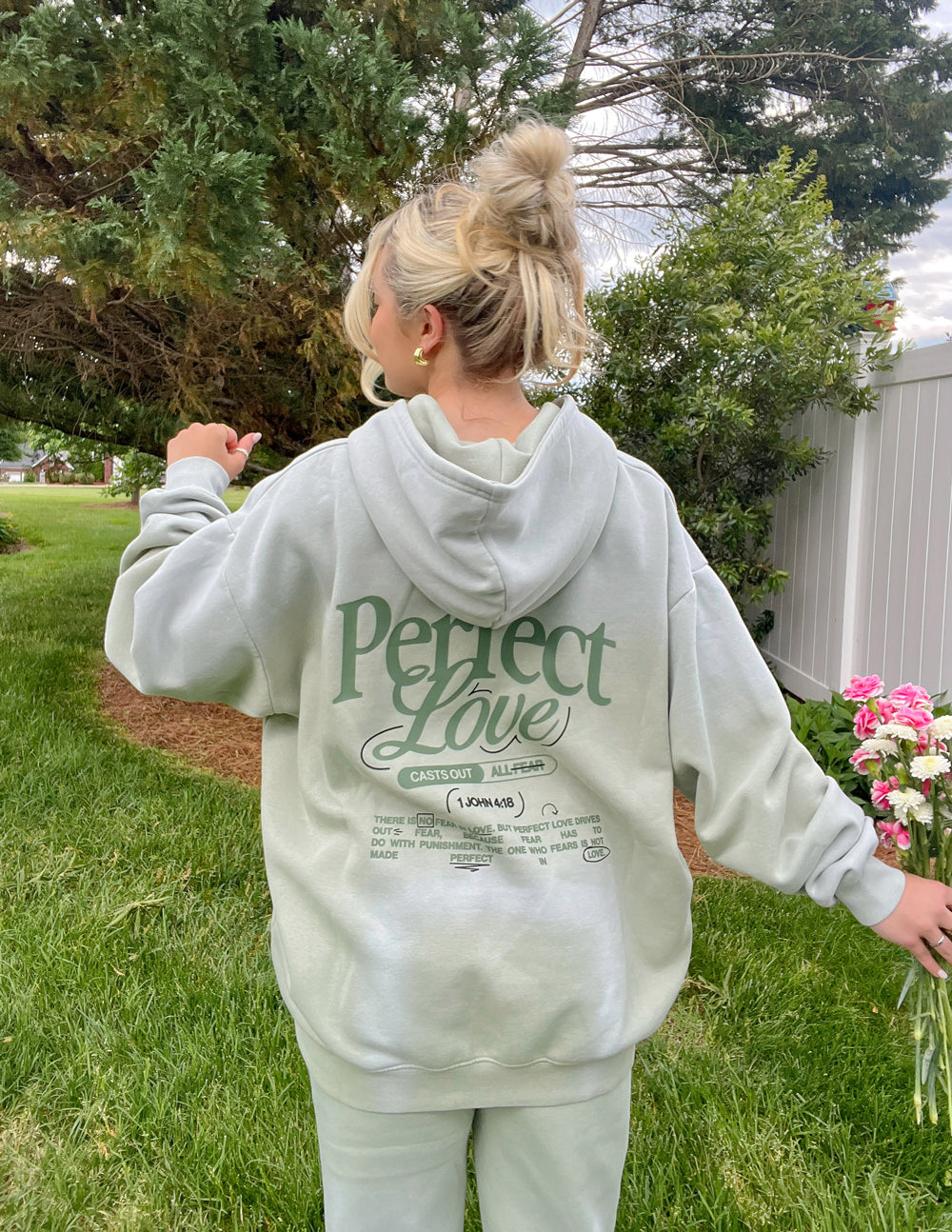Elevated Faith Christian Hoodie in Pastel Green with 'Perfect Love' Graphic on the Back