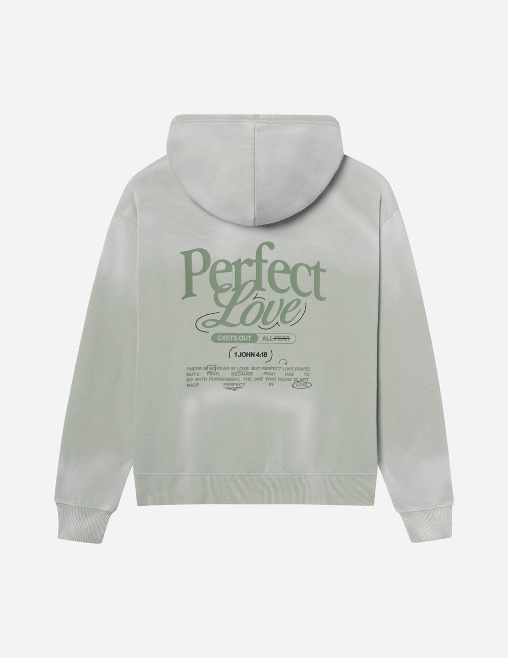Elevated Faith Christian Hoodie in light gray with 'Perfect Love' graphic on the back