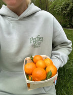 Light gray Christian Hoodie by Elevated Faith with 'Perfect Love' graphic and oranges in a basket