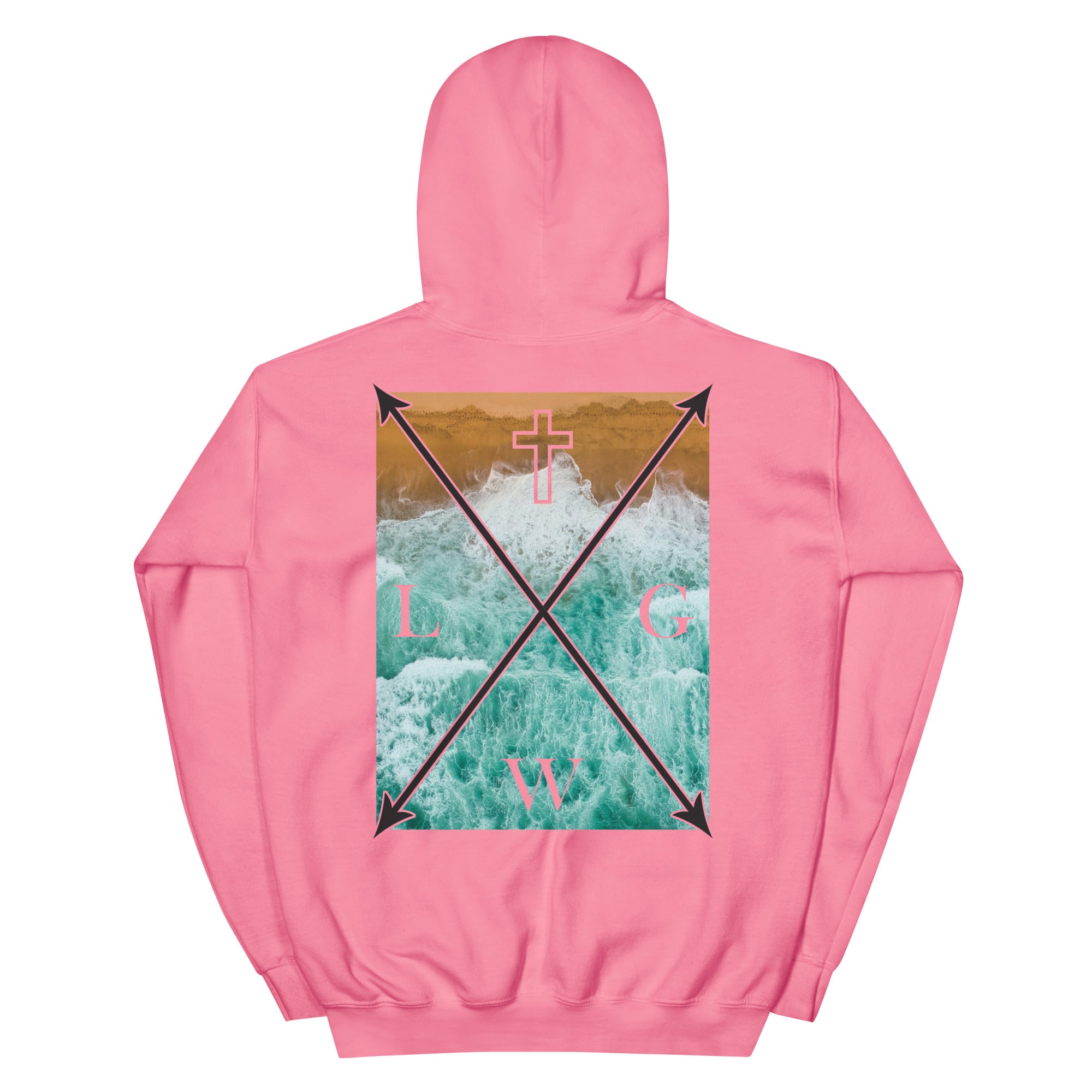 Pink Christian Hoodie featuring a cross graphic and wave design on the back