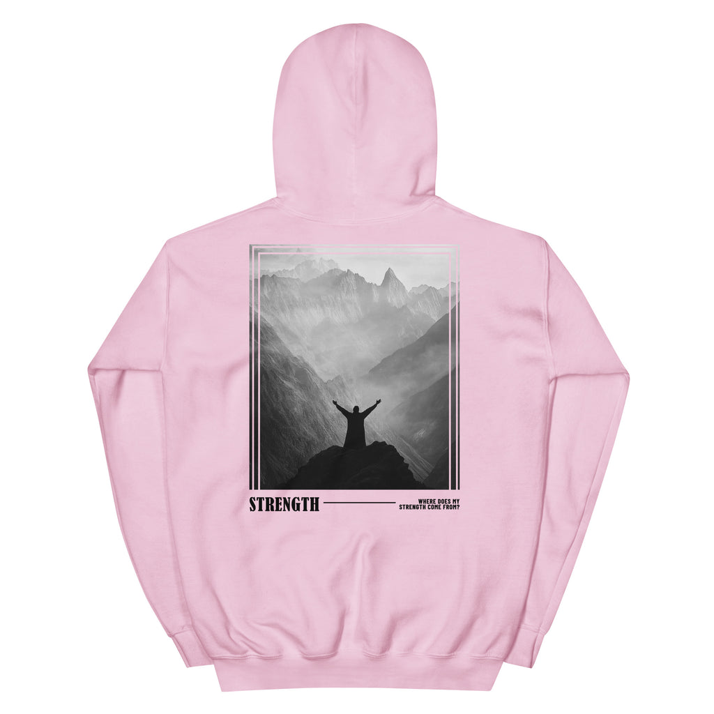 Pink Christian Hoodie featuring mountain landscape and 'Strength' graphic design on back