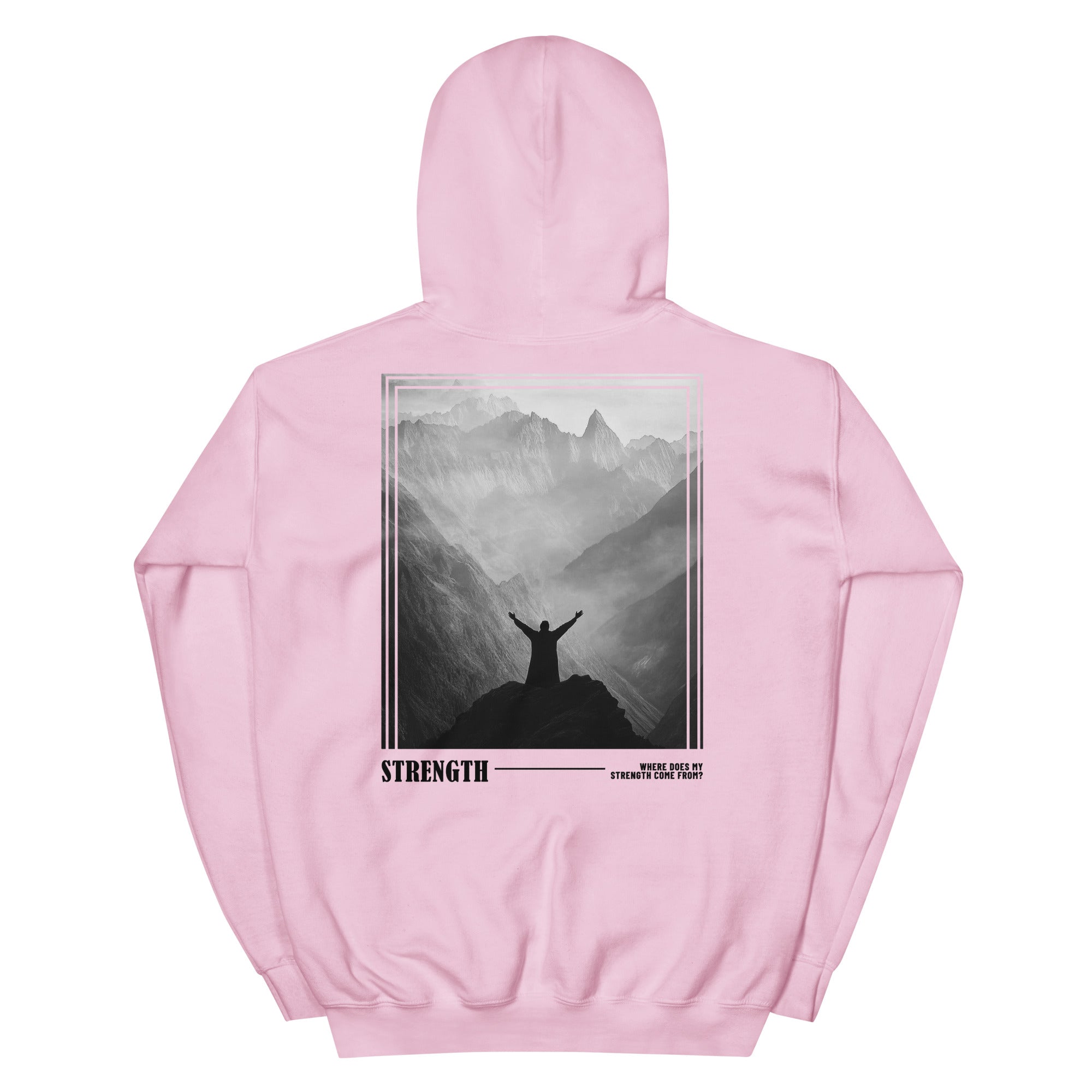 Pink Christian Hoodie featuring mountain landscape and 'Strength' graphic design on back
