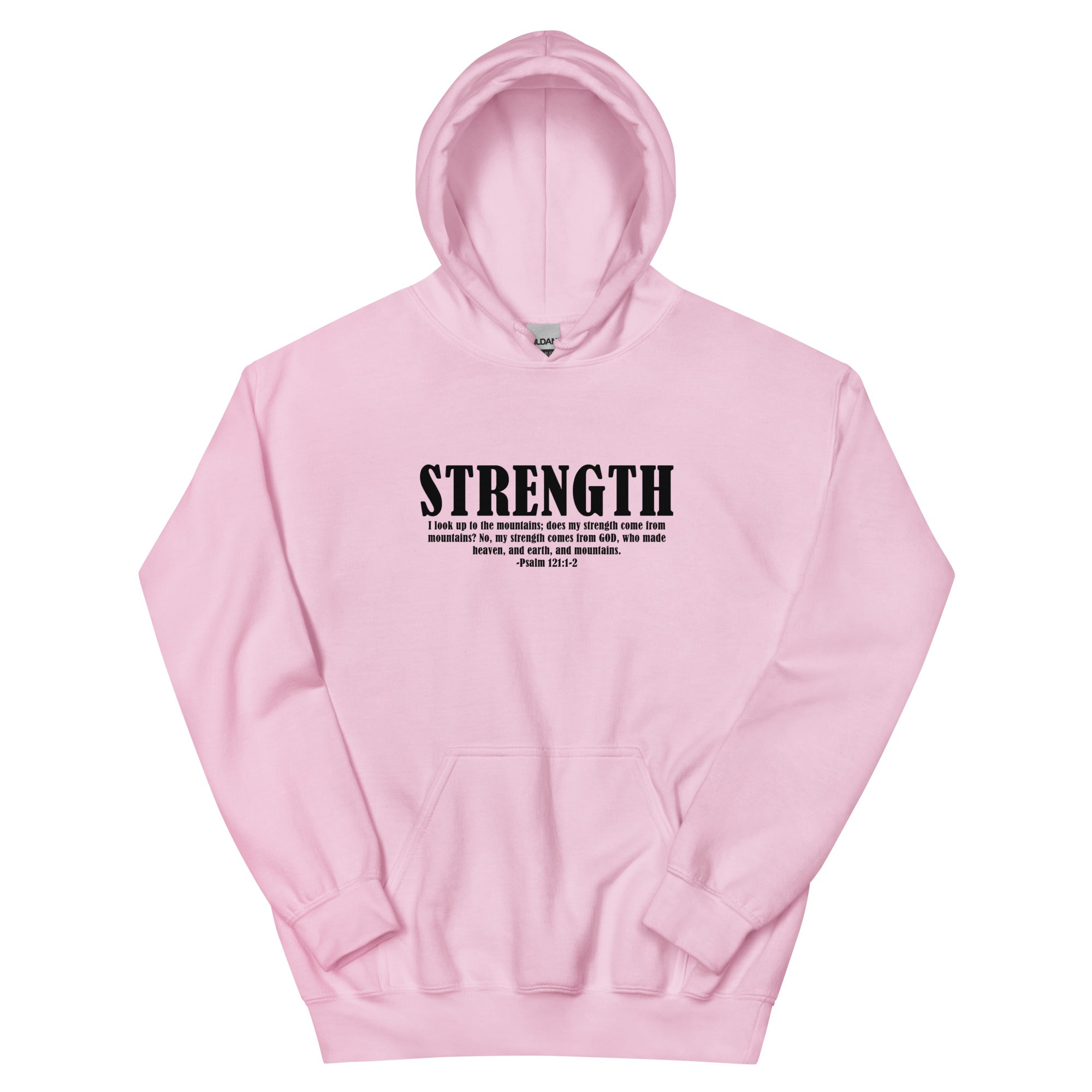 Pink Christian Hoodie featuring the word 'STRENGTH' inspired by Psalms 31 24 for faith and comfort