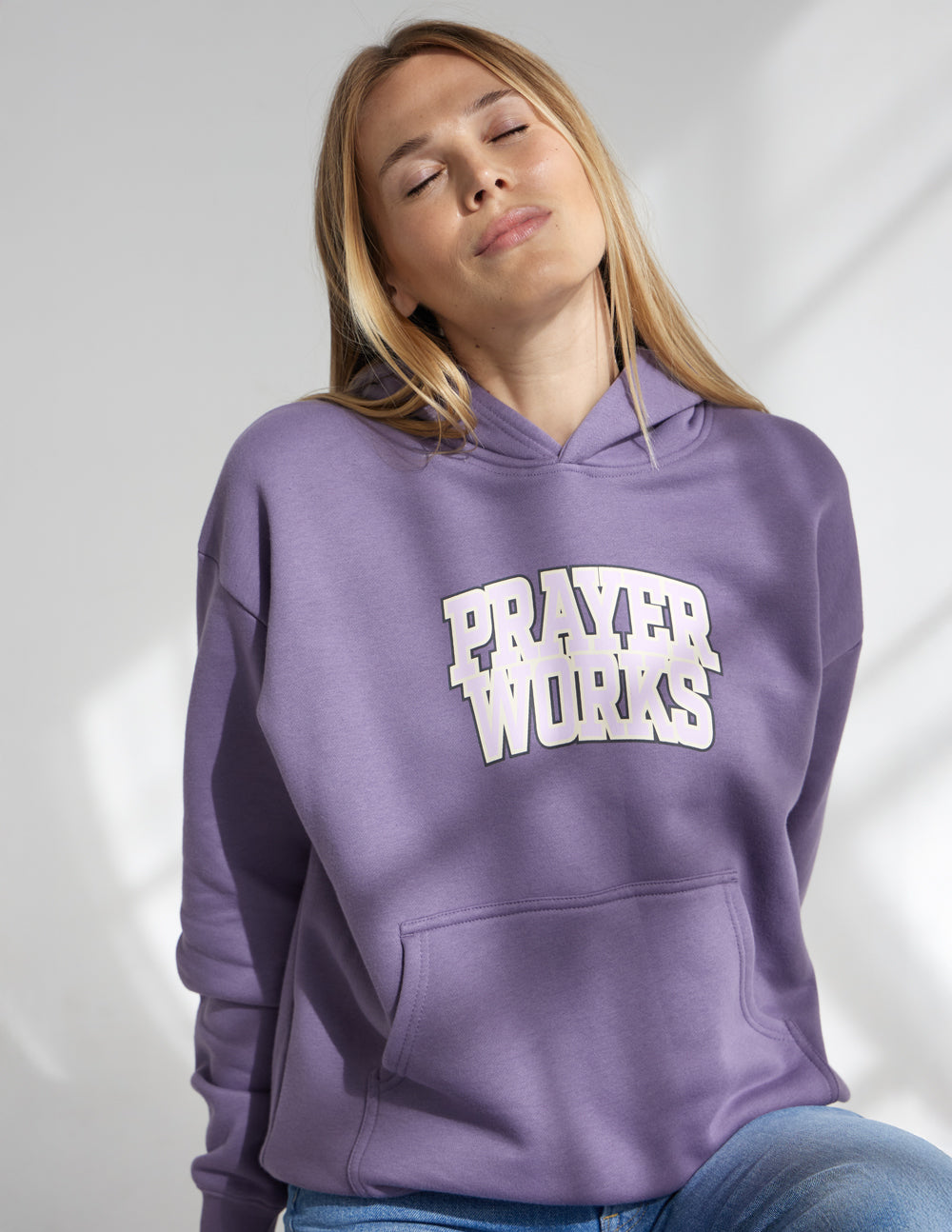 Elevated Faith Christian Hoodie in Purple with 'Prayer Works' Design and Front Pocket