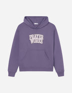 Elevated Faith Christian Hoodie in Purple featuring 'Prayer Works' graphic design