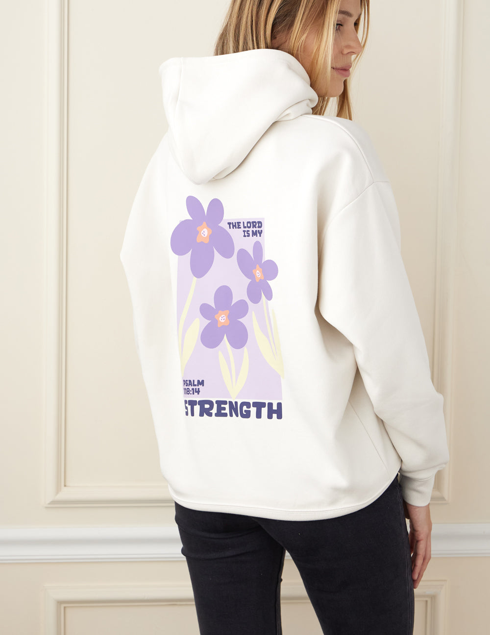 Elevated Faith Christian Hoodie in Cream with Floral Design and Psalm Quote on the Back