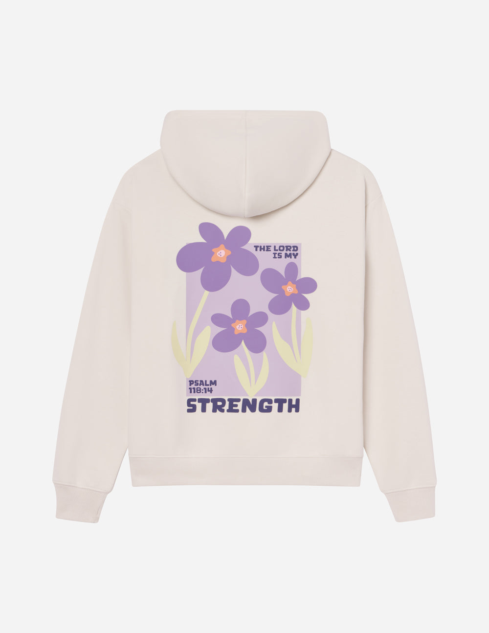 Elevated Faith Christian Hoodie in Beige with Floral Design and Psalm 18:1 for Comfort and Inspiration