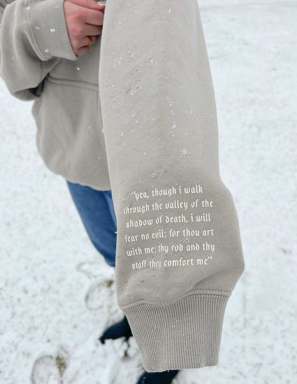 Elevated Faith Christian Hoodie with Psalm 23 verse printed on the sleeve in a cozy design