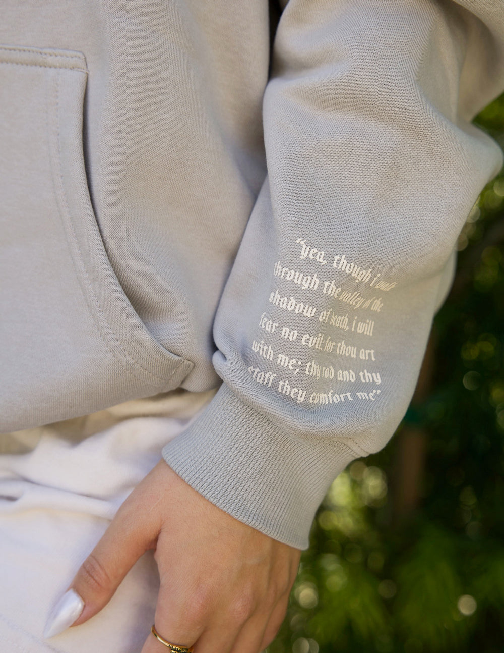 Elevated Faith Christian Hoodie in gray with inspirational scripture on the sleeve