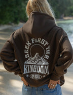 Brown Elevated Faith Christian Hoodie with mountain design and 'Seek First the Kingdom of God' text