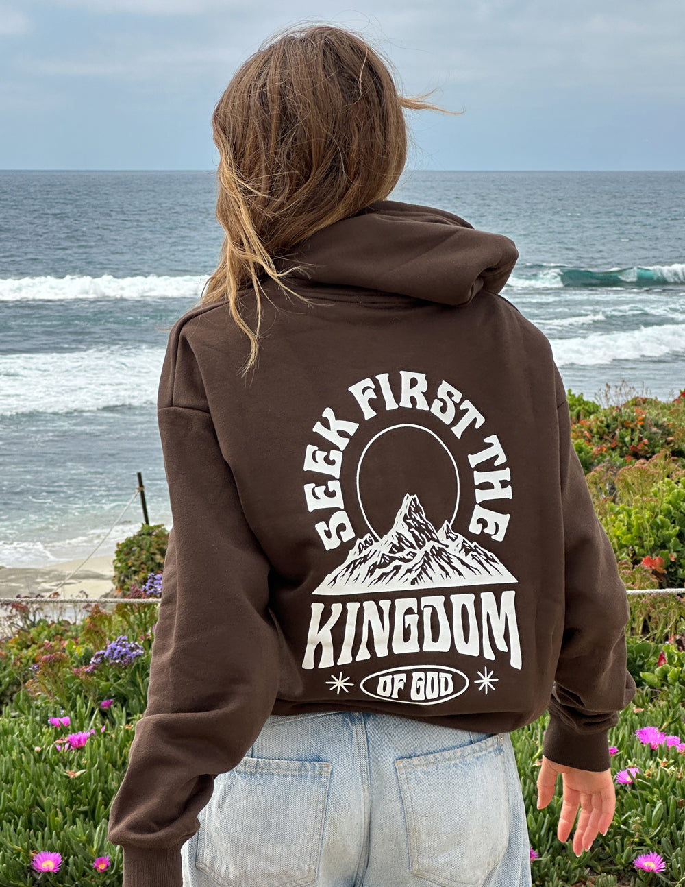 Brown Christian Hoodie with 'Seek First the Kingdom of God' design and mountain graphic