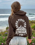 Brown Christian Hoodie with 'Seek First the Kingdom of God' design and mountain graphic