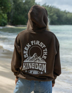 Brown Christian Hoodie from Elevated Faith with 'Seek First the Kingdom of God' graphic on the back