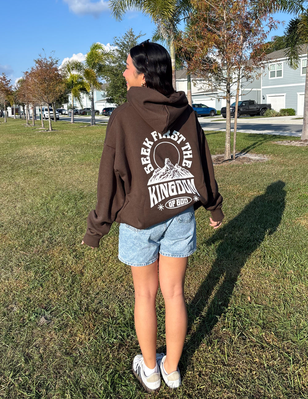 Dark Brown Christian Hoodie with 'Seek First the Kingdom of God' Graphic on Back