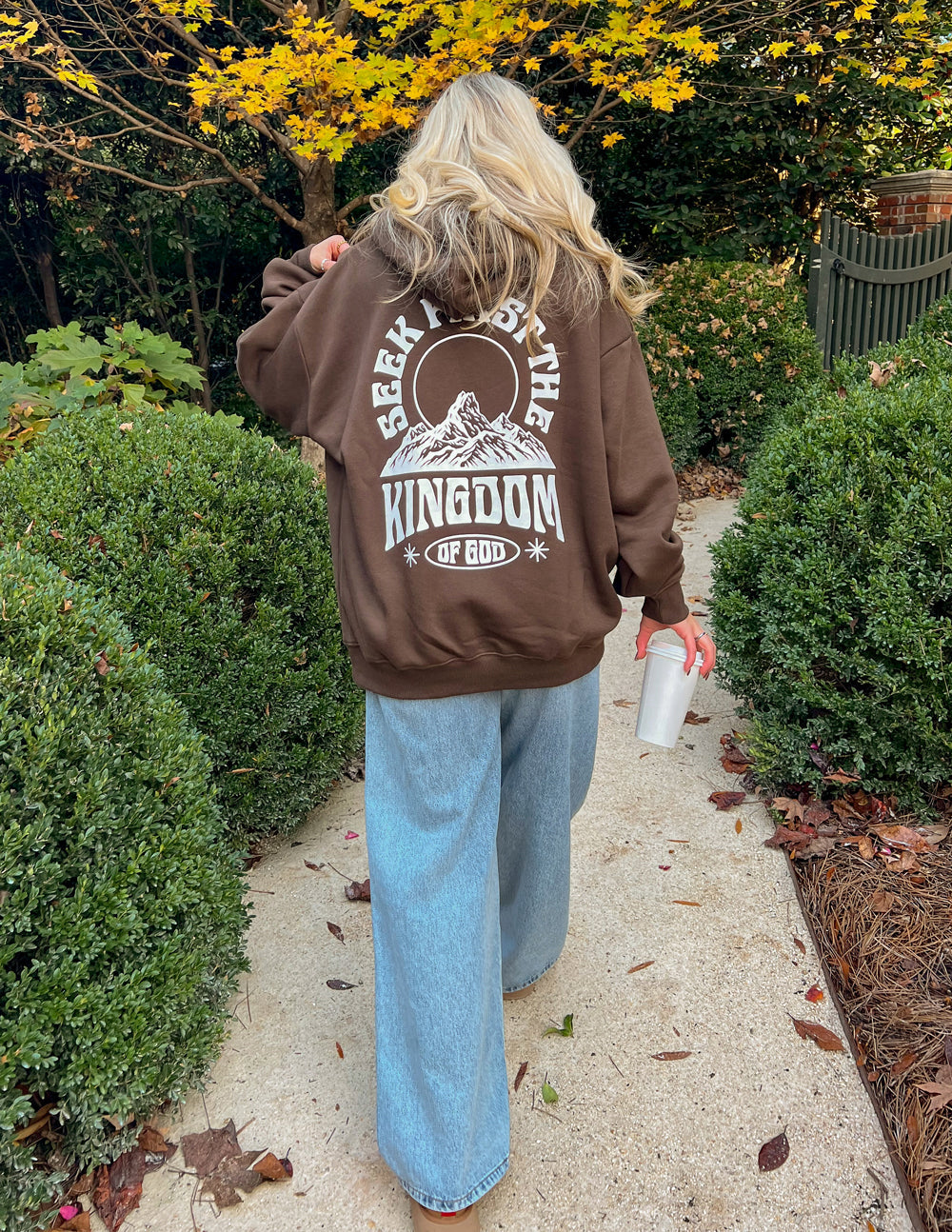 Elevated Faith Christian Hoodie in Brown with Mountain Design and Kingdom of God Text on Back
