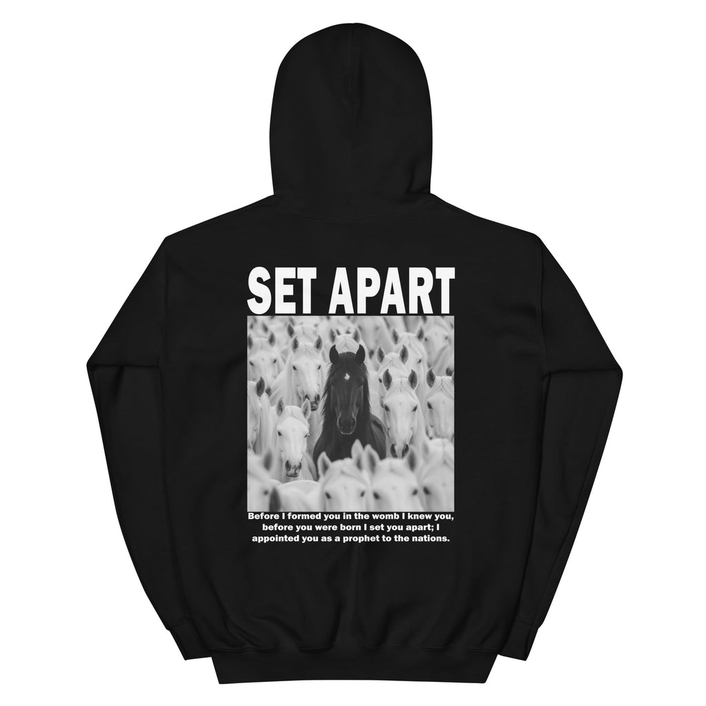 Black Christian Hoodie with 'Set Apart' design featuring a horse image and inspirational text