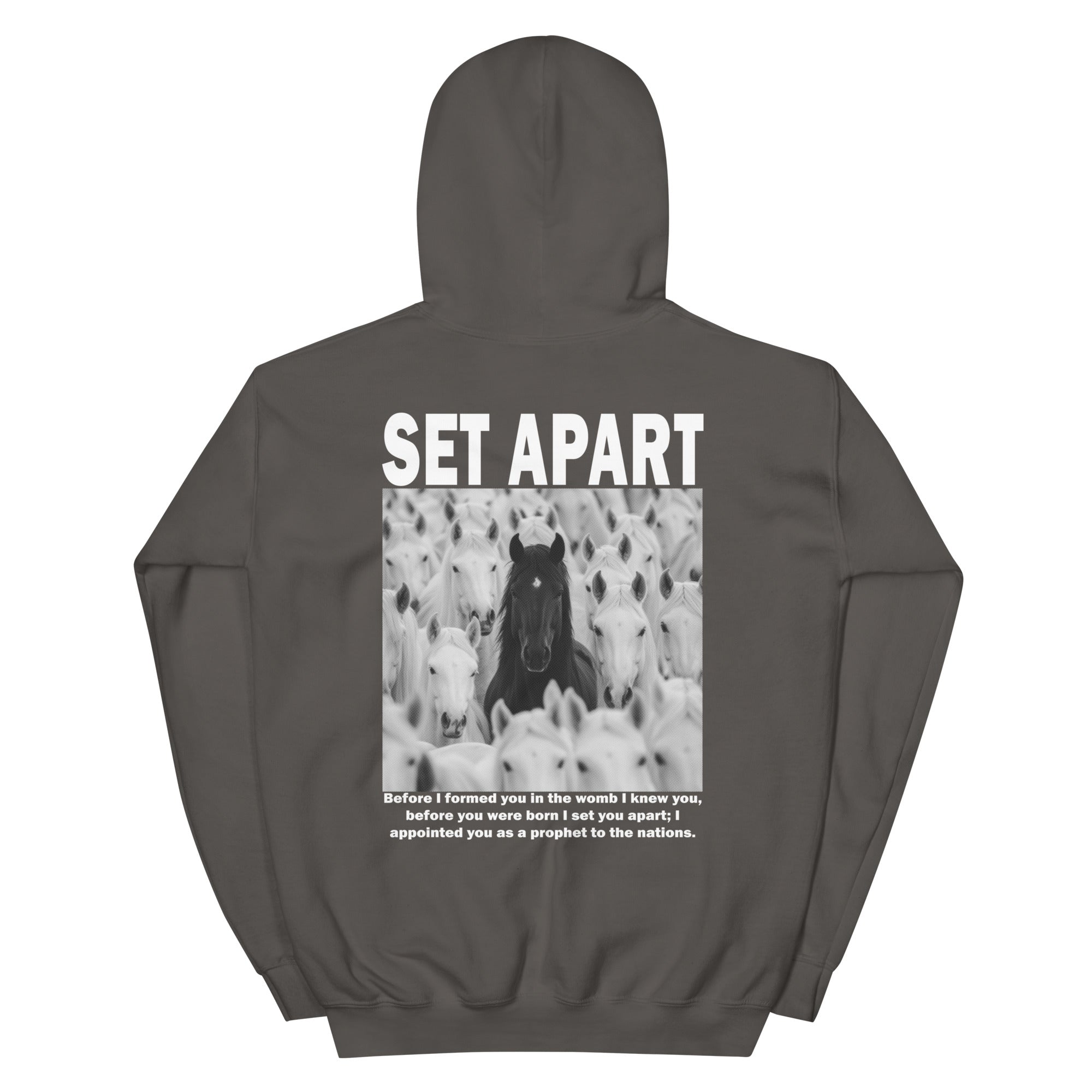 Gray Christian Hoodie featuring a horse graphic and inspirational text for a unique style