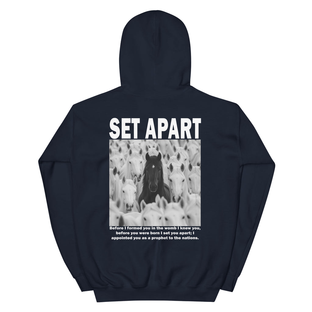Navy Christian Hoodie featuring 'Set Apart' graphic and inspirational text on the back