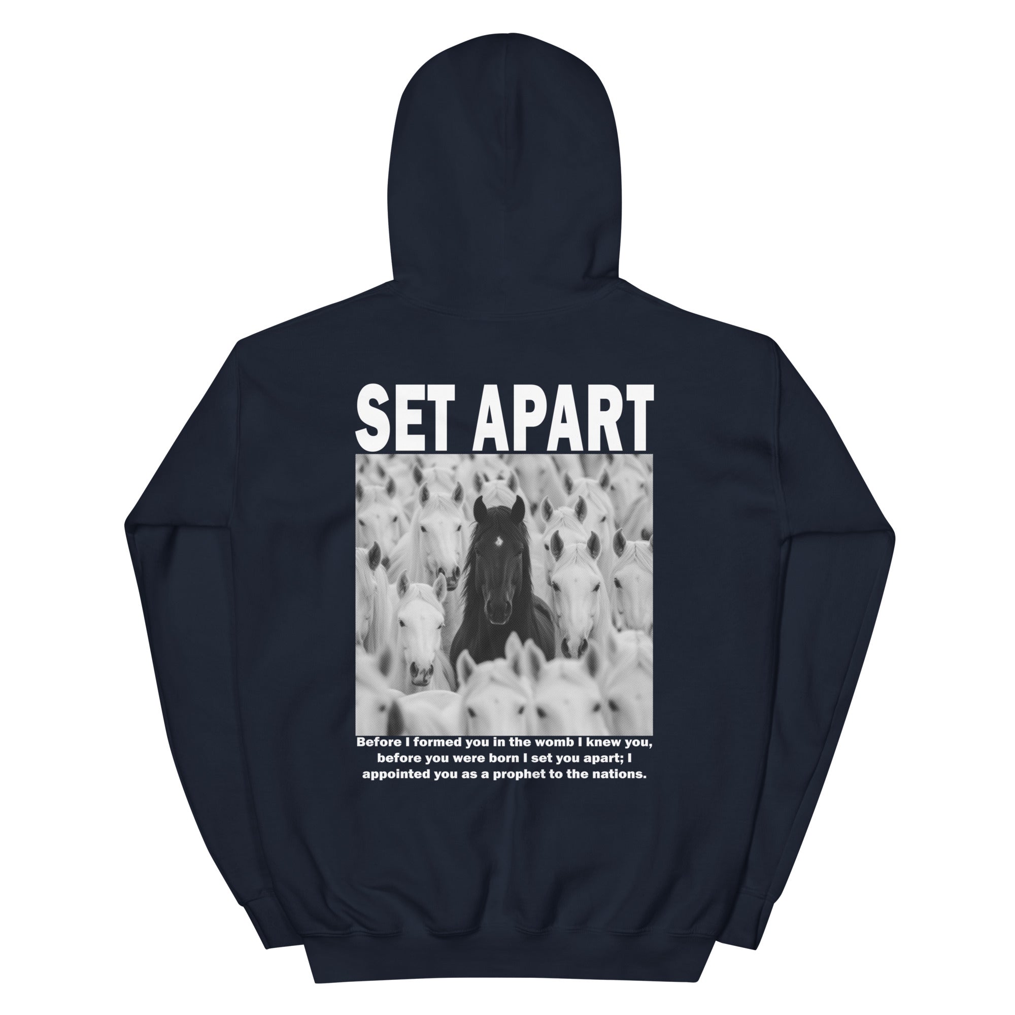 Navy Christian Hoodie featuring 'Set Apart' graphic and inspirational text on the back