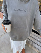 Elevated Faith Christian Hoodie in gray featuring 'Sorry Jesus Is King' text, perfect for casual outings