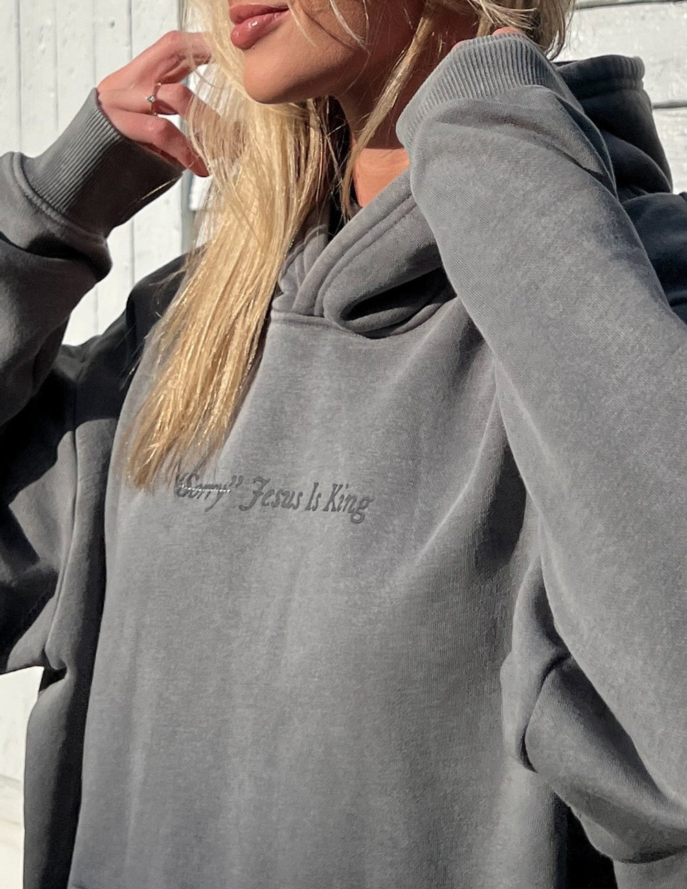 Gray Elevated Faith Christian Hoodie with embroidered text Jesus Is King for a stylish look