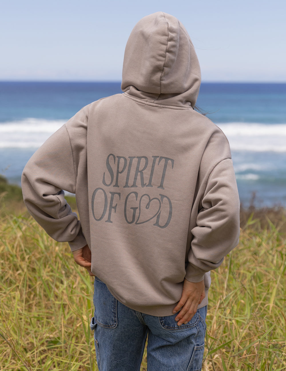Elevated Faith Christian Hoodie in Tan with 'Spirit of God' Design on the Back