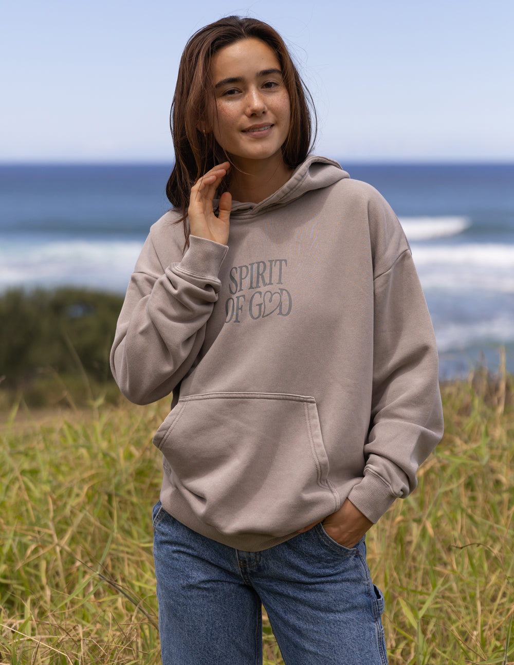 Elevated Faith Christian Hoodie in Beige featuring 'Spirit of God' graphic design