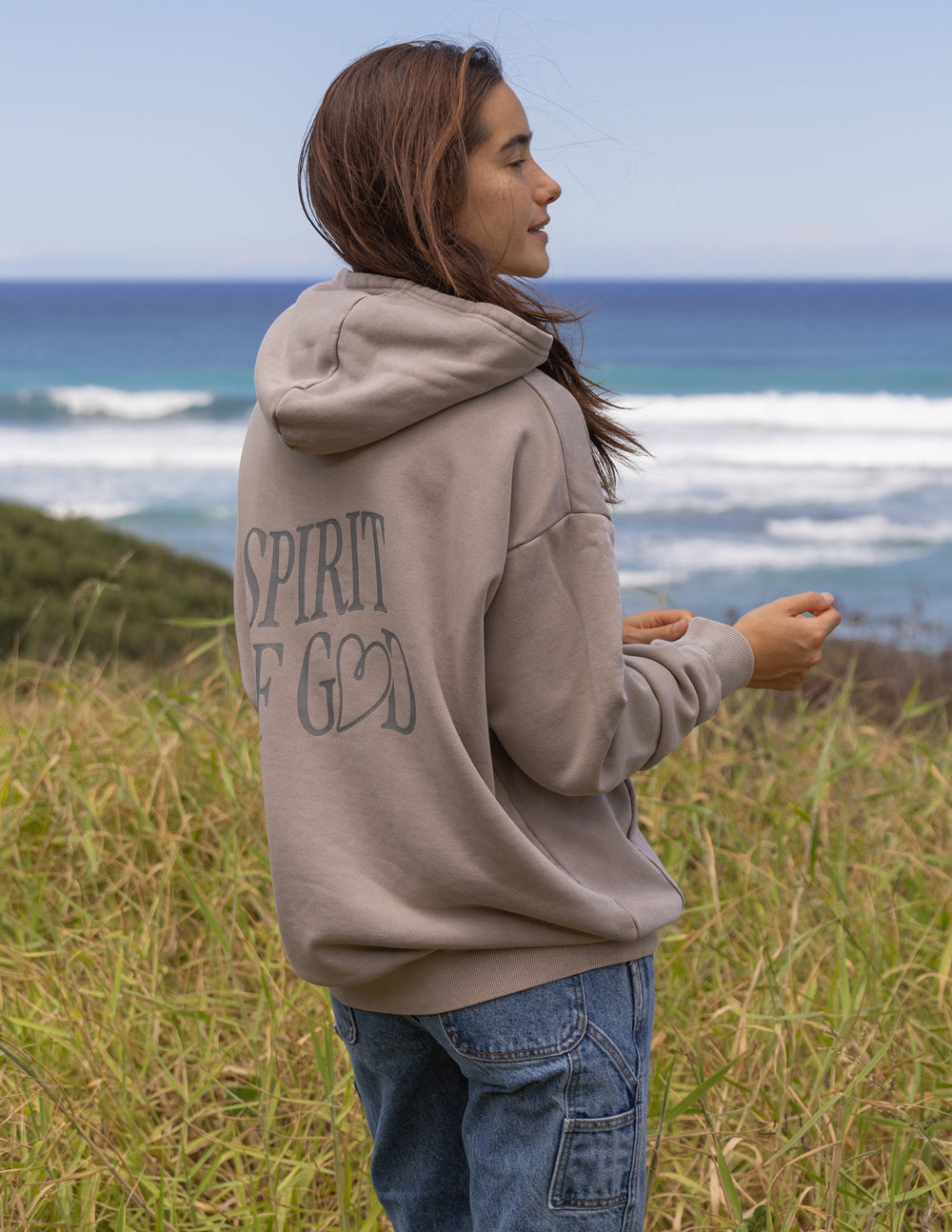 Elevated Faith Christian Hoodie in gray with 'Spirit of God' printed on the back, perfect for casual wear
