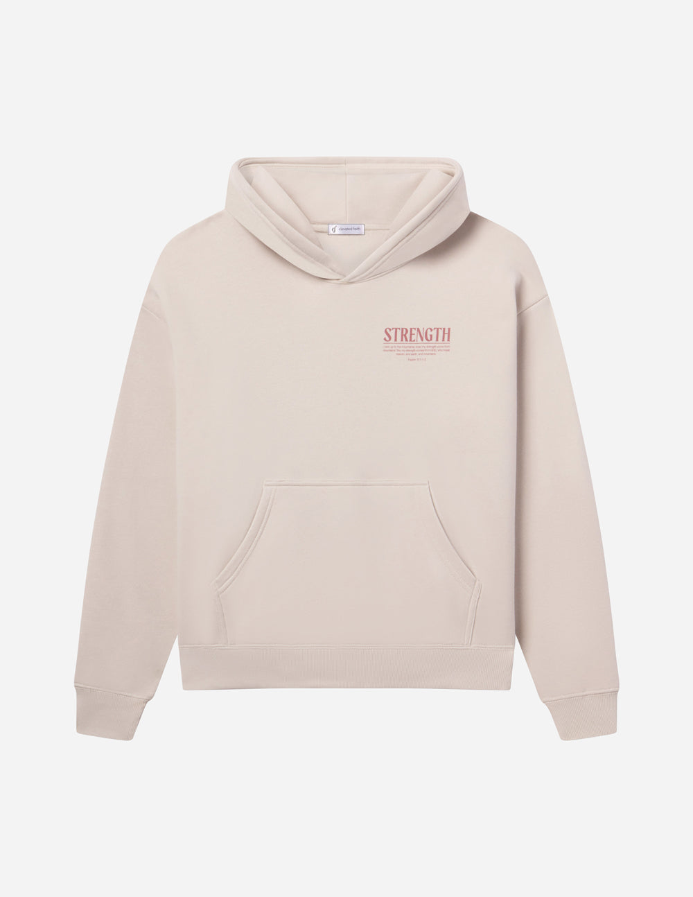 Elevated Faith Christian Hoodie in Light Beige with 'Strength' Graphic on Front