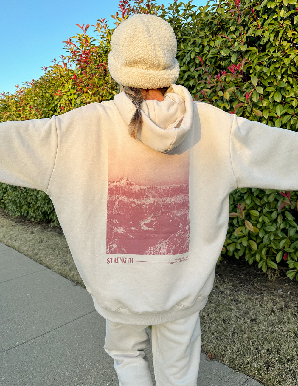 Elevated Faith Christian Hoodie in Cream with Inspirational Strength Graphic on the Back