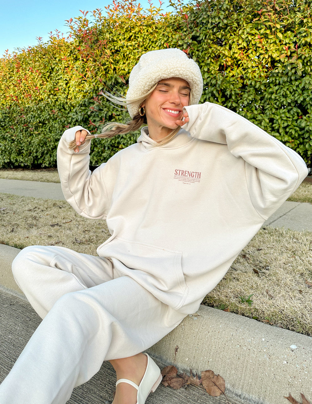 Elevated Faith Cream Christian Hoodie with Strength Graphic for Comfortable Casual Wear