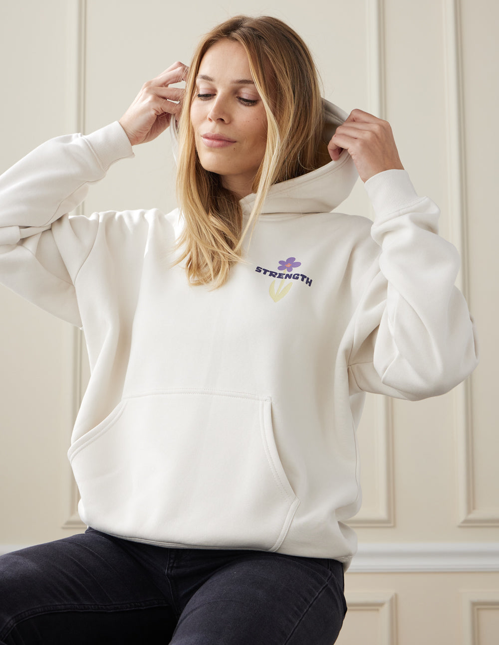 Elevated Faith Christian Hoodie in Cream with Strength embroidery for comfort and style