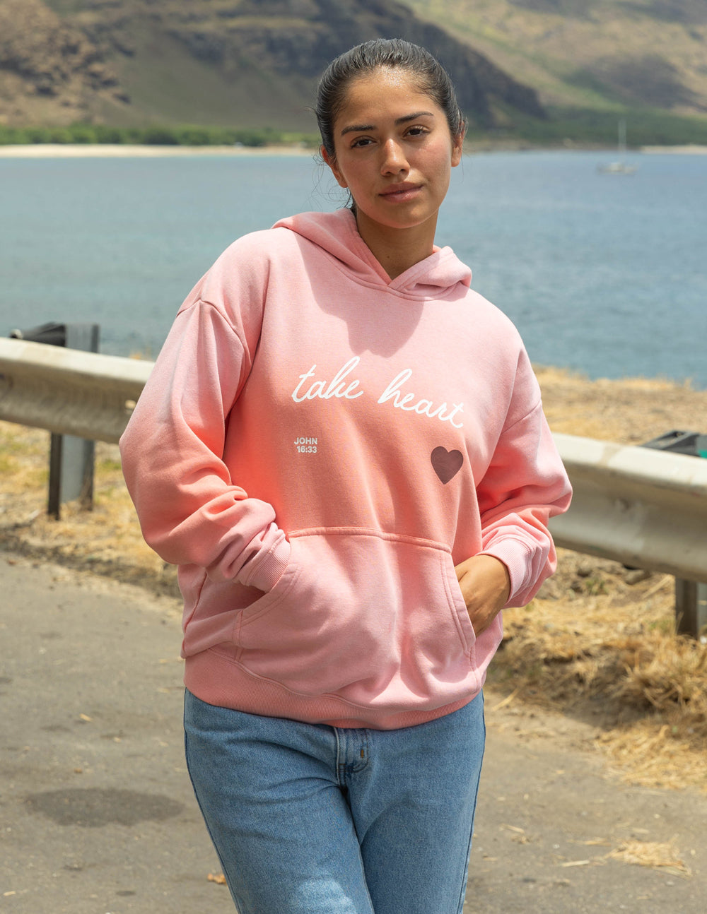 Elevated Faith Christian Hoodie in Pink with 'Take Heart' and Heart Design for Comfort and Style