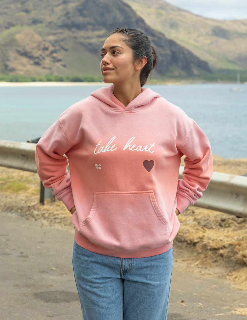 Elevated Faith Christian Hoodie in Pink with 'Take Heart' Design and Front Pocket